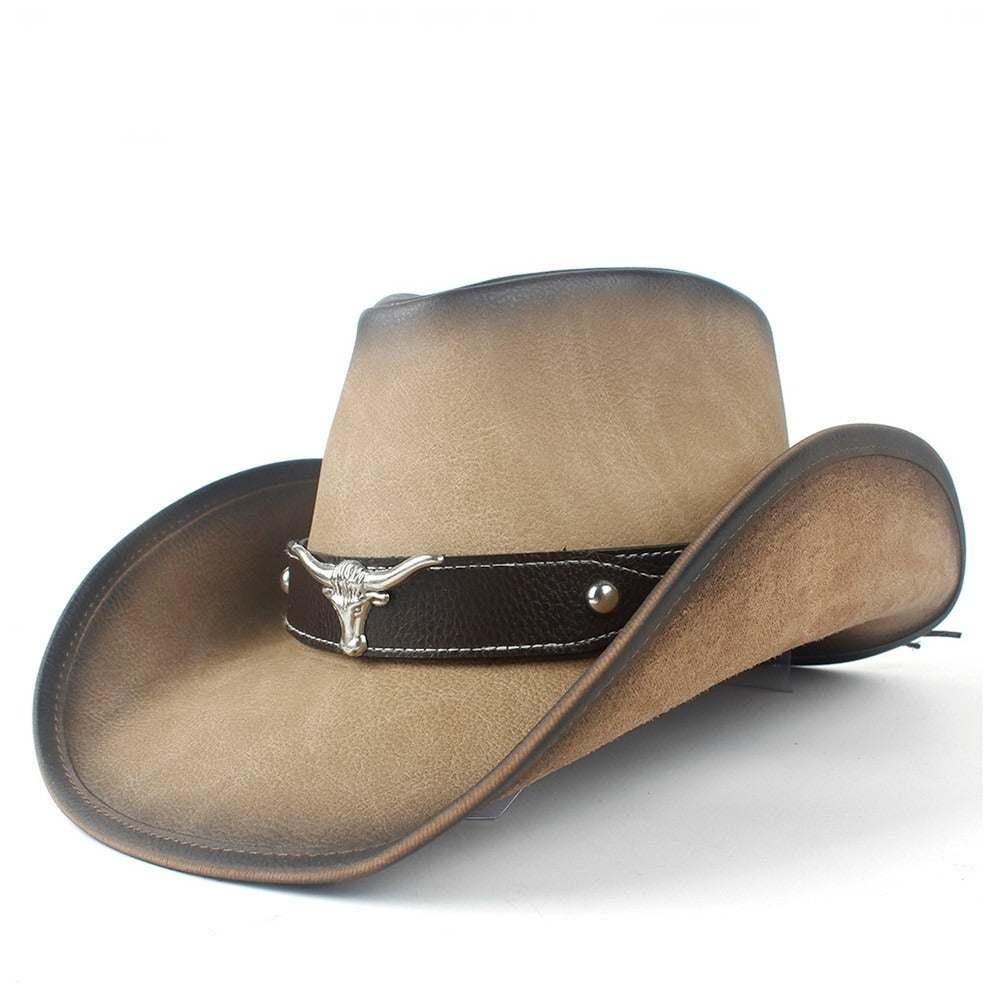 Chapeau De Cowboy Beige En Cuir Tête De Taureau