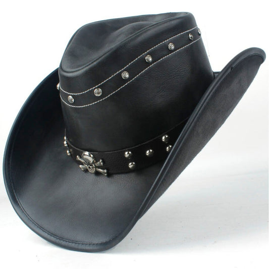 Chapeau De Cowboy En Cuir Noir Tête De Mort