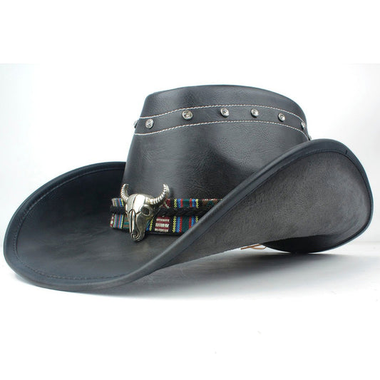 Chapeau De Cowboy En Cuir Noir Tête De Taureau Argentée