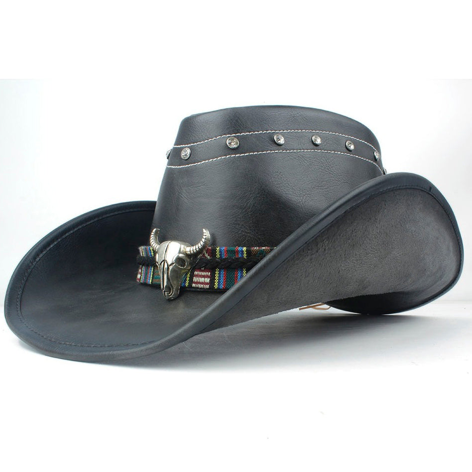 Chapeau De Cowboy En Cuir Noir Tête De Taureau Argentée