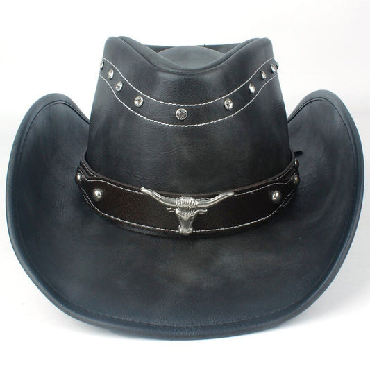 Chapeau De Cowboy En Cuir Noir Tête De Taureau