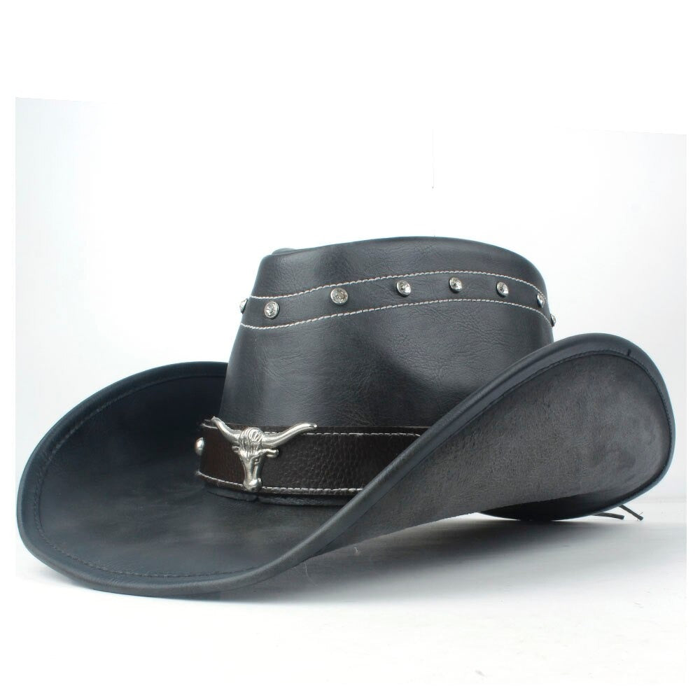 Chapeau De Cowboy En Cuir Noir Tête De Taureau