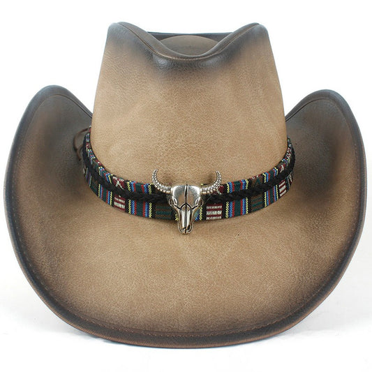 Chapeau De Cowboy En Cuir Tête De Taureau Argenté