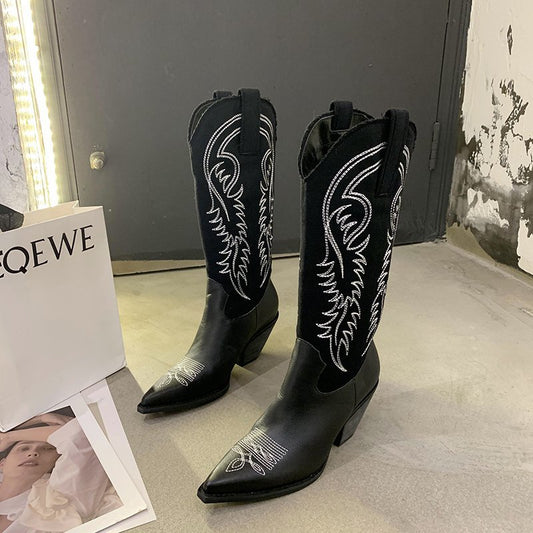 Bottes Cowboy Femmes Talon Moyen - Style Rétro, Fermeture éclair, Semelle Antidérapante - 1