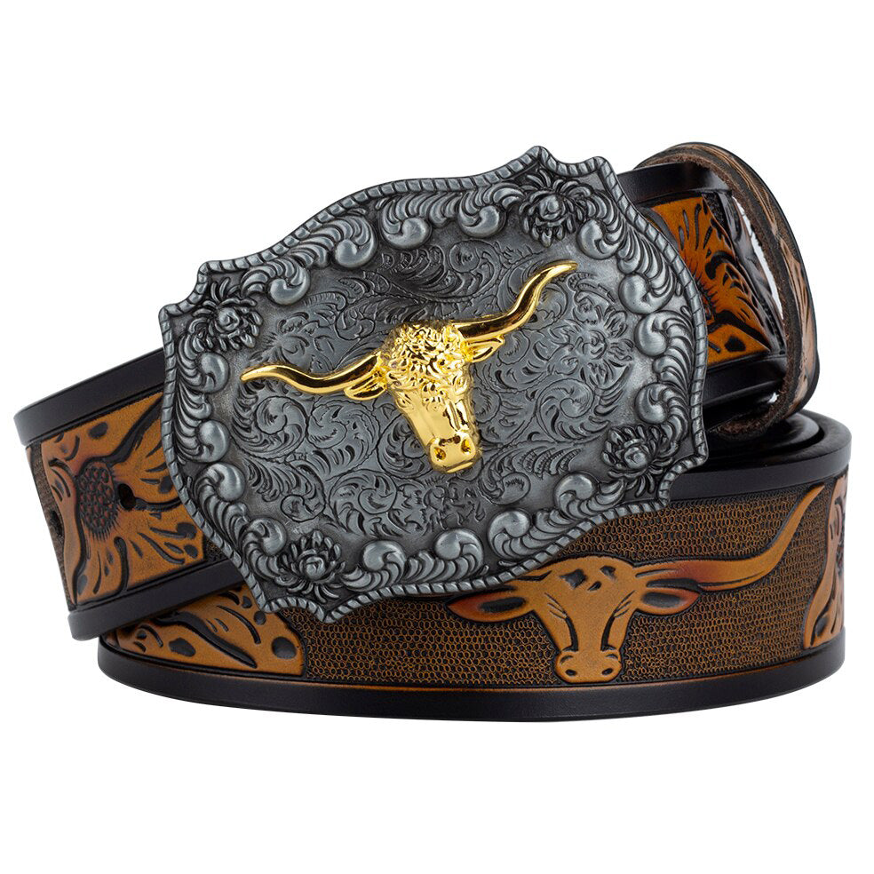 Eohak Ceinture Western Cowboy Homme Femme - Gravure Florale Boucle Longhorn Taureau, Taille Réglable 73,7-94 Cm