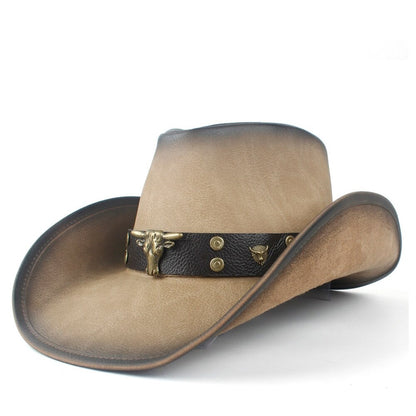 Chapeau De Cowboy En Cuir Tête De Taureau Doré