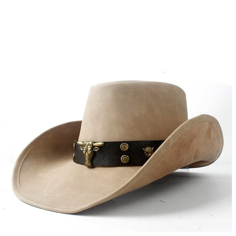 Chapeau Cowboy Cuir Véritable Noir – Tête De Vache Western – Style Vintage 56-59 Cm